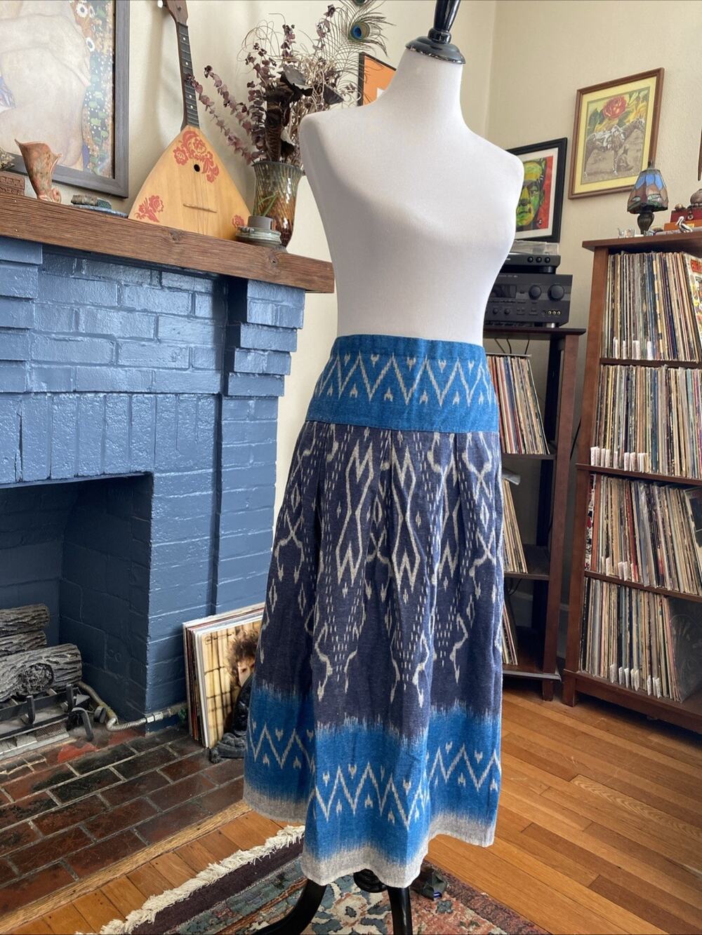 Vintage Midi Skirt Medium Southwestern Aztec Print Pleated USA 90s Heavy Cotton